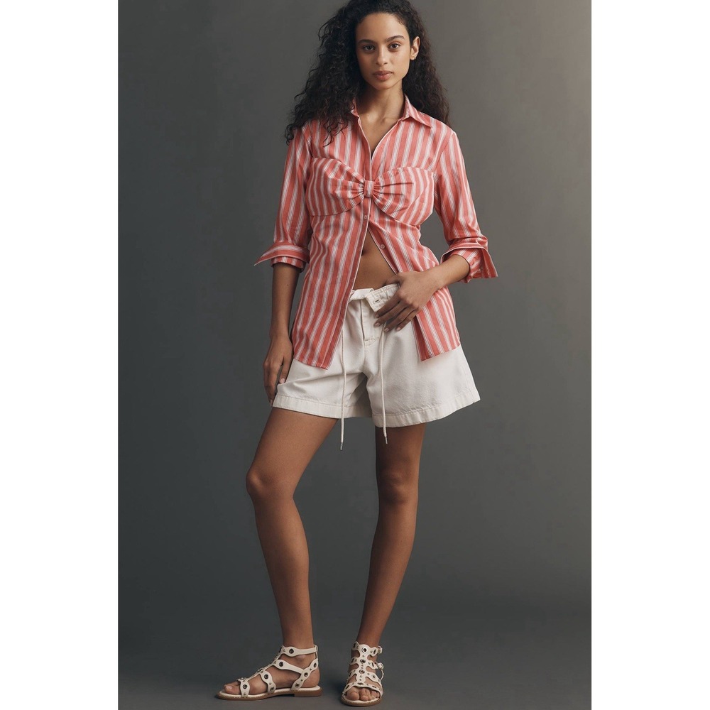 Maeve Bow Long-Sleeve Buttondown Top Pink Size L NEW Striped Preppy Beach Girly